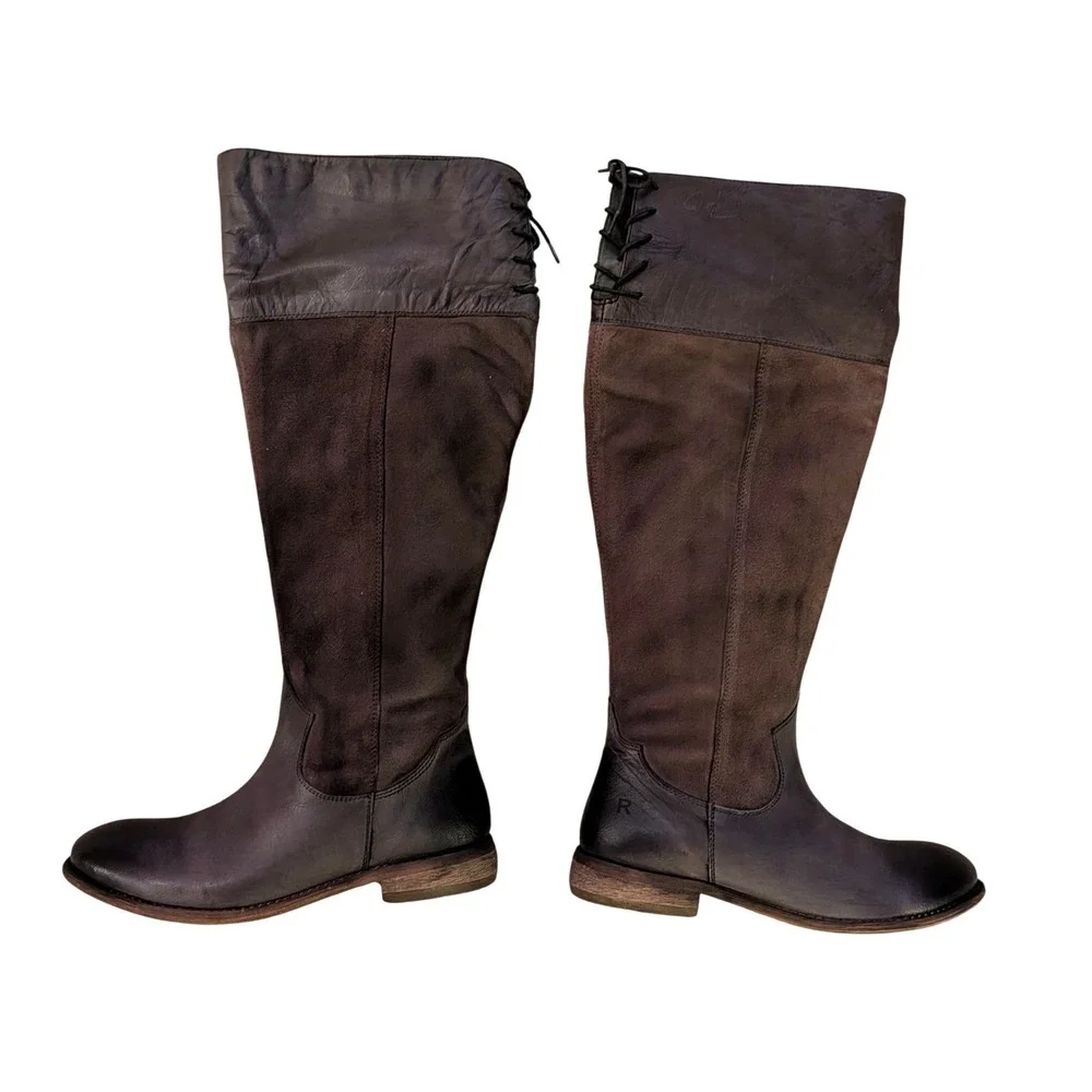 Roan NWT Natty‎ Grey Burnished Leather Suede Tall Lace Back Boots- Womens 6.5